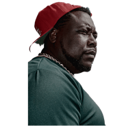 a man in a red hat is standing in front of a black background